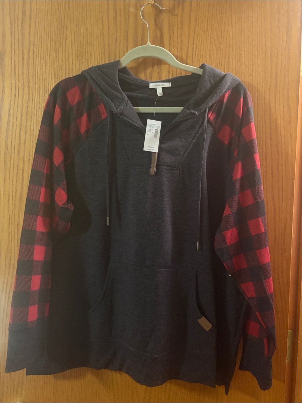 Maurices Black Hooded Pullover with Red Plaid Sleeves